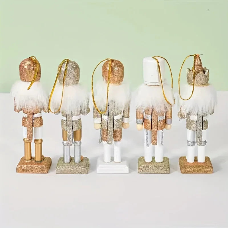 5pcs Rustic Nutcracker Ornaments Set, Golden Glitter Wooden Soldiers, Classic Christmas Tree Hanging Decor, Festive Holiday Accents, No Feather, No Power Needed House Of Avana [[SKU:HOA-SCU-228]]