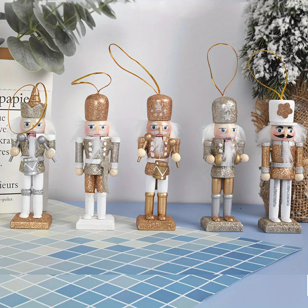5pcs Rustic Nutcracker Ornaments Set, Golden Glitter Wooden Soldiers, Classic Christmas Tree Hanging Decor, Festive Holiday Accents, No Feather, No Power Needed House Of Avana [[SKU:HOA-SCU-228]]