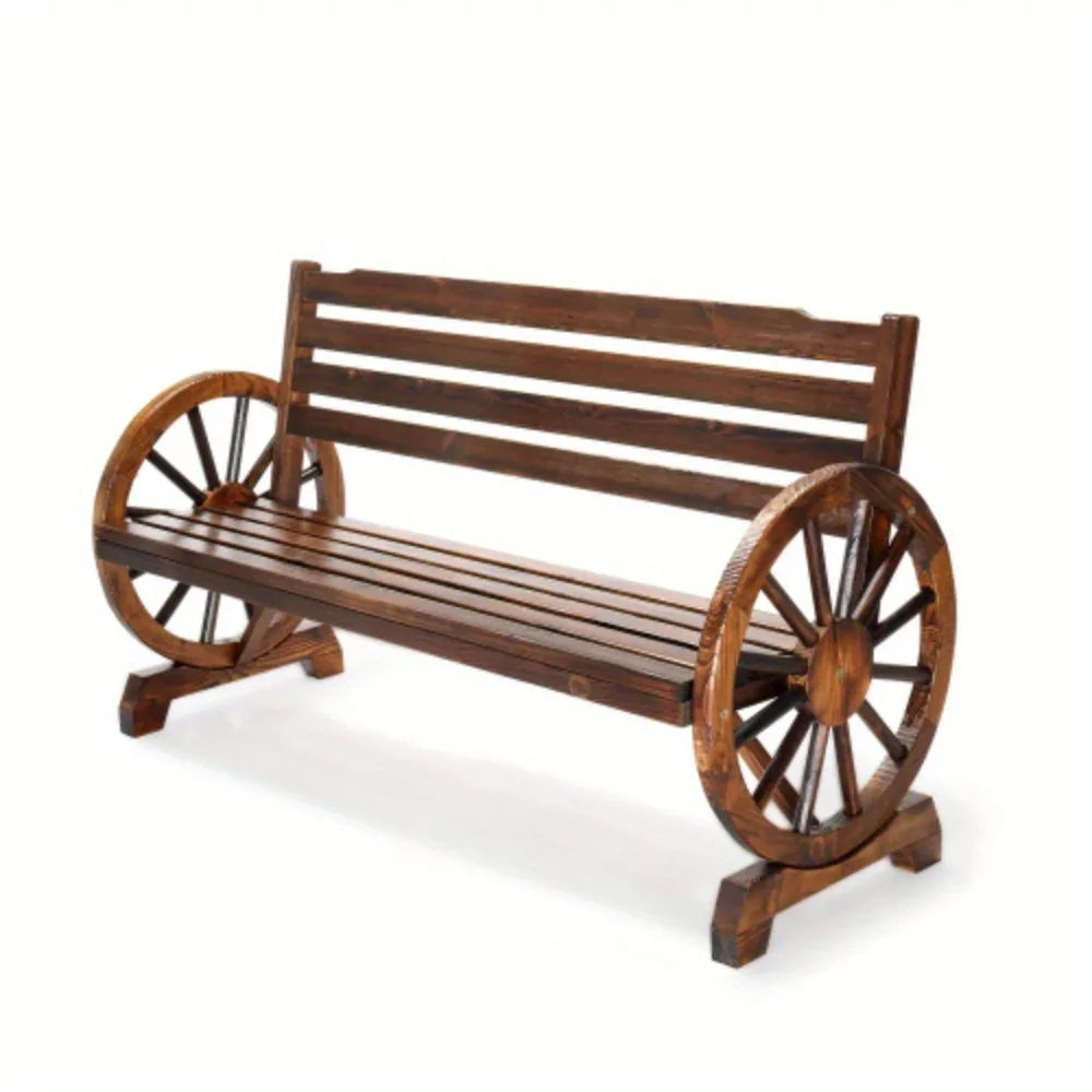 Wooden Outdoor Wheel - Shaped Bench, Wagon Slatted Seat, Weather Resistance, For 3 - Person, For Porch, Yard, Lawn And Garden, Rustic House Of Avana