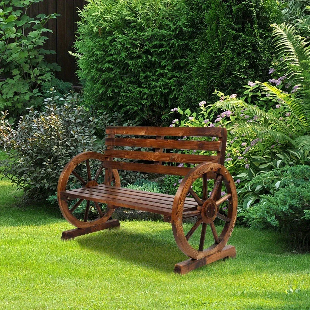Wooden Outdoor Wheel - Shaped Bench, Wagon Slatted Seat, Weather Resistance, For 3 - Person, For Porch, Yard, Lawn And Garden, Rustic House Of Avana