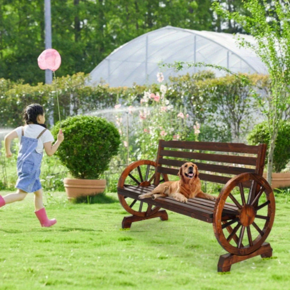 Wooden Outdoor Wheel - Shaped Bench, Wagon Slatted Seat, Weather Resistance, For 3 - Person, For Porch, Yard, Lawn And Garden, Rustic House Of Avana