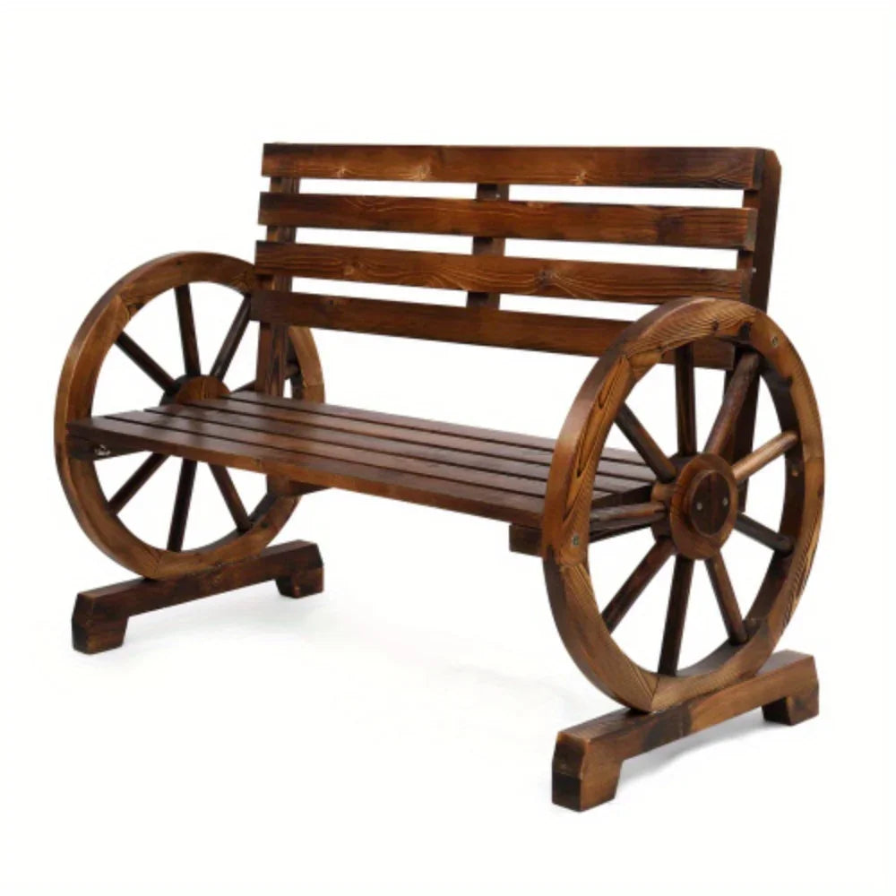 Wooden Outdoor Wheel - Shaped Bench, Wagon Slatted Seat, Weather Resistance, For 3 - Person, For Porch, Yard, Lawn And Garden, Rustic House Of Avana