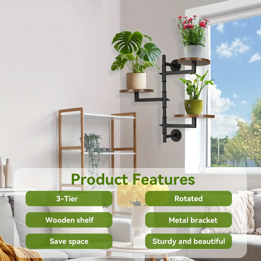 Wooden Rotatable Window Sill Plant Stand, 3 Tier Wall Plant Stand, 180 Degree Rotating Plant Stand, Mid-Century Wooden Style Plant Stand For Indoor And Outdoor Decoration (black) House Of Avana