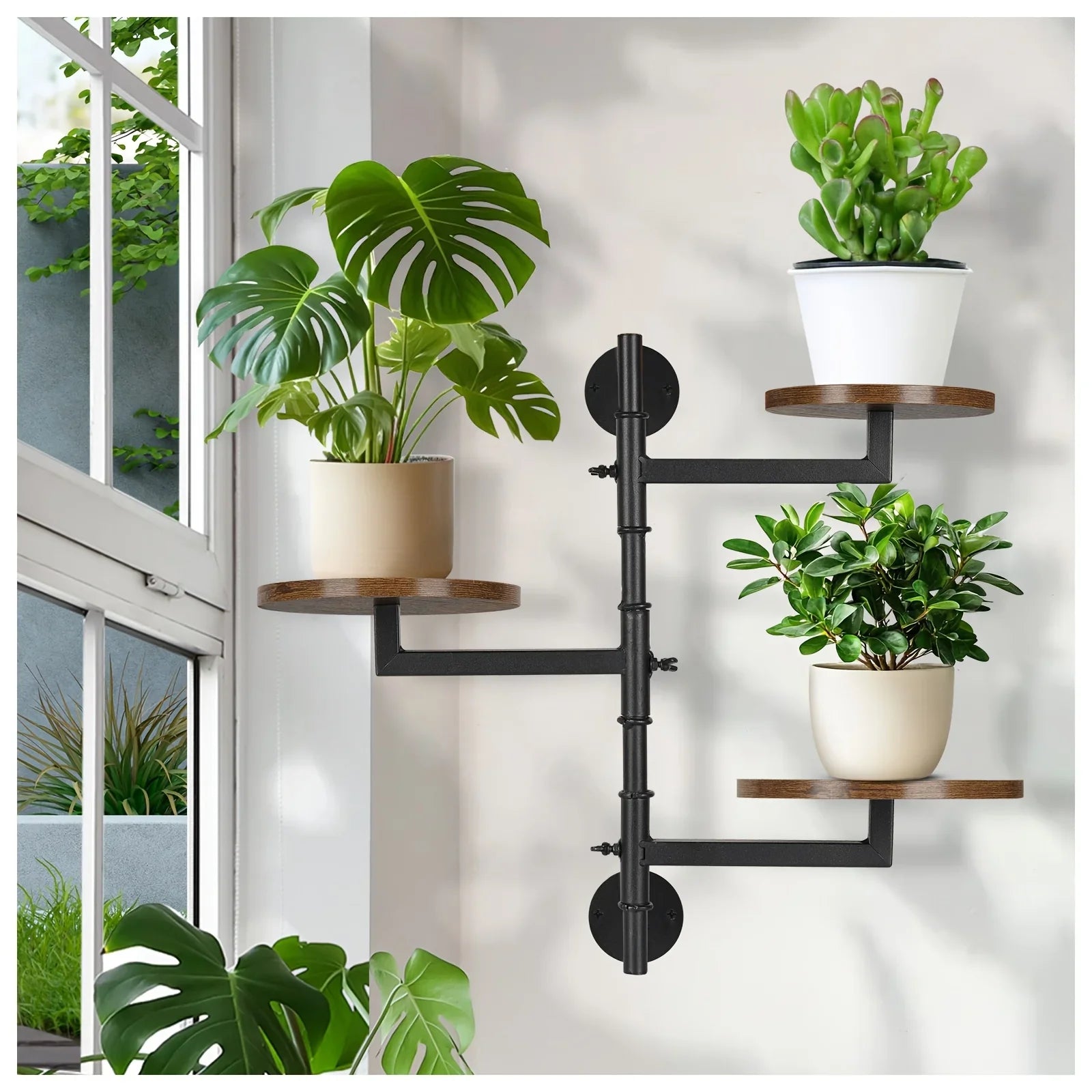 Wooden Rotatable Window Sill Plant Stand, 3 Tier Wall Plant Stand, 180 Degree Rotating Plant Stand, Mid-Century Wooden Style Plant Stand For Indoor And Outdoor Decoration (black) House Of Avana