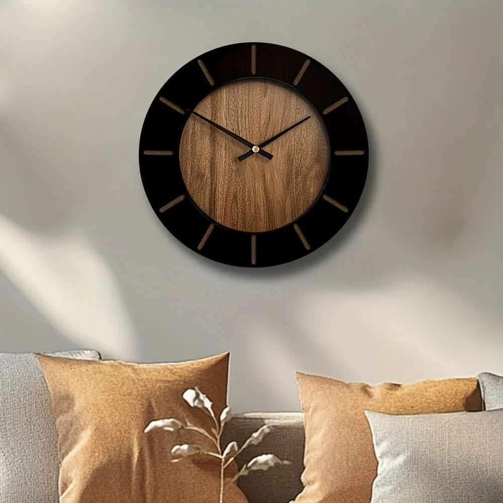 Wooden Silent Wall Clock with Vintage Design, angled view - House Of Avana