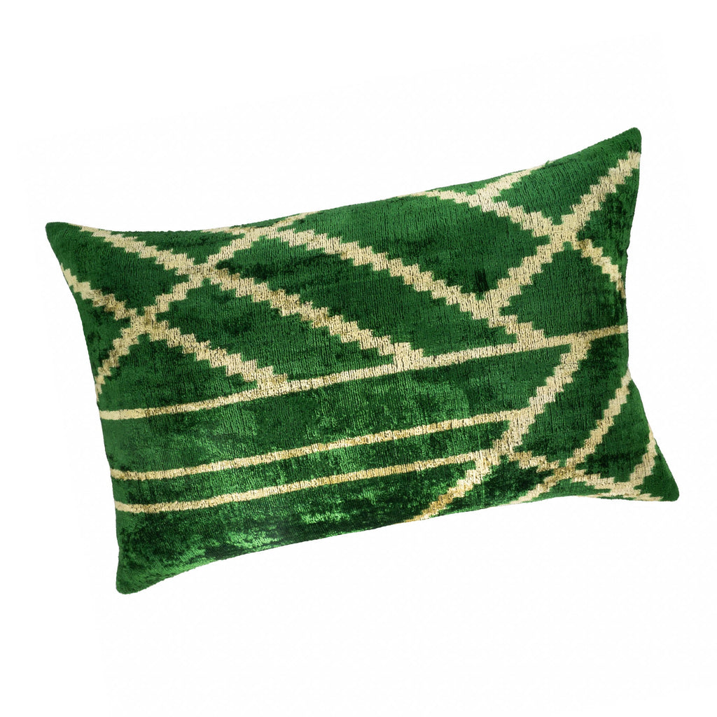 Woodlands Green Silk Velvet Ikat Pillow Cover, 16 x 24