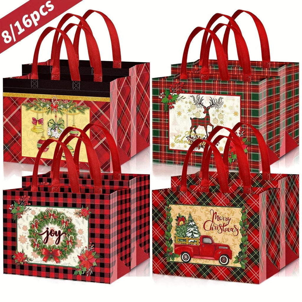 8/16pcs Festive Christmas Gift Bags with Handles - Foldable, Multi-Use Woven Fabric Totes for Gift Packaging, Shopping, and Party Supplies, Red & White Plaid Design, Perfect for Holiday Presents, Gift Bags for Gifts, Gift Pac House Of Avana [[SKU:HOA-STO-412]]