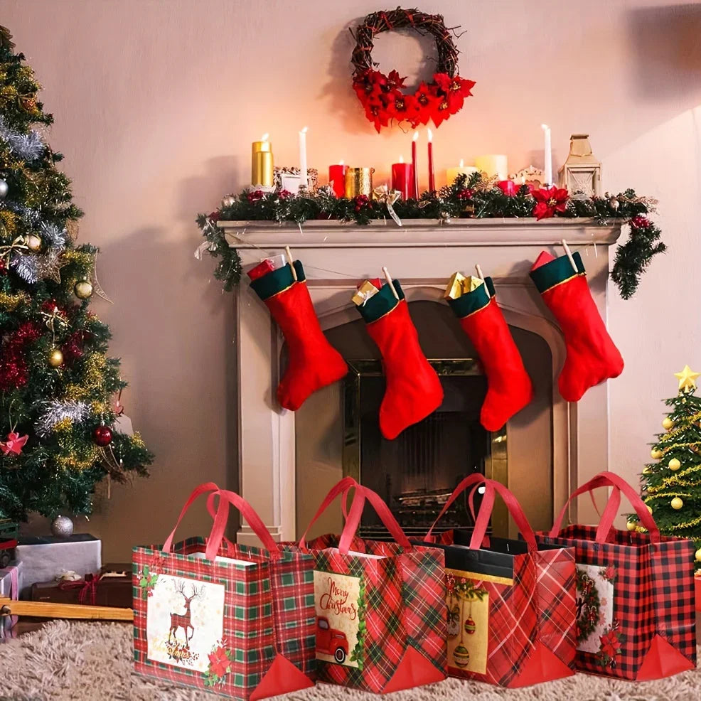 8/16pcs Festive Christmas Gift Bags with Handles - Foldable, Multi-Use Woven Fabric Totes for Gift Packaging, Shopping, and Party Supplies, Red & White Plaid Design, Perfect for Holiday Presents, Gift Bags for Gifts, Gift Pac House Of Avana [[SKU:HOA-STO-412]]
