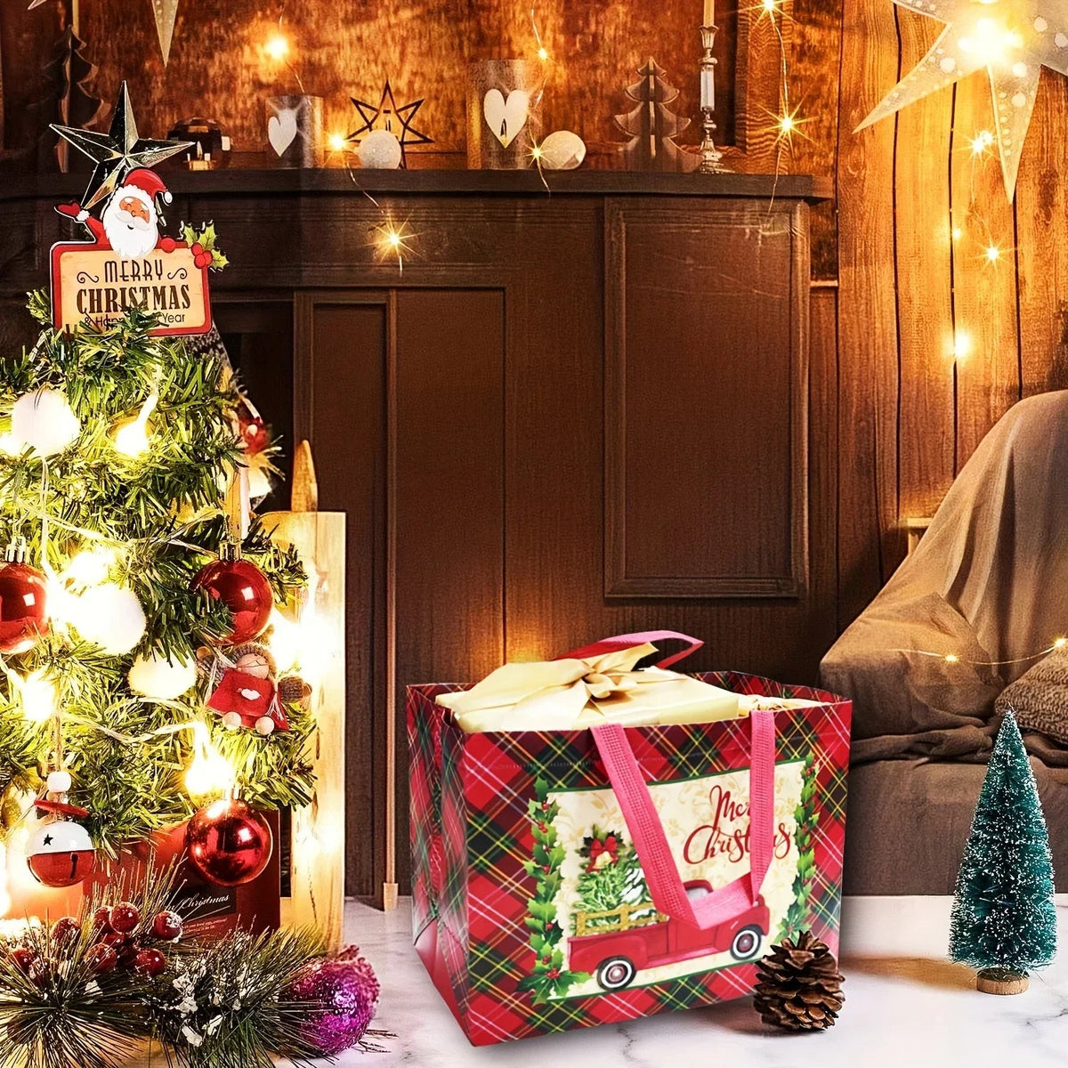 8/16pcs Festive Christmas Gift Bags with Handles - Foldable, Multi-Use Woven Fabric Totes for Gift Packaging, Shopping, and Party Supplies, Red & White Plaid Design, Perfect for Holiday Presents, Gift Bags for Gifts, Gift Pac House Of Avana [[SKU:HOA-STO-412]]