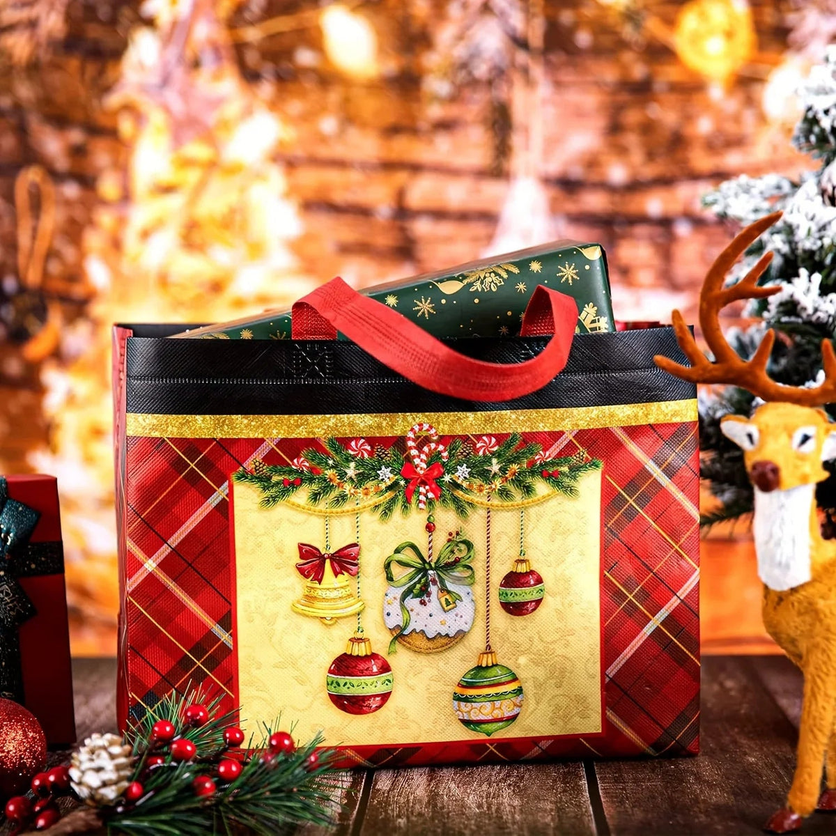 8/16pcs Festive Christmas Gift Bags with Handles - Foldable, Multi-Use Woven Fabric Totes for Gift Packaging, Shopping, and Party Supplies, Red & White Plaid Design, Perfect for Holiday Presents, Gift Bags for Gifts, Gift Pac House Of Avana [[SKU:HOA-STO-412]]
