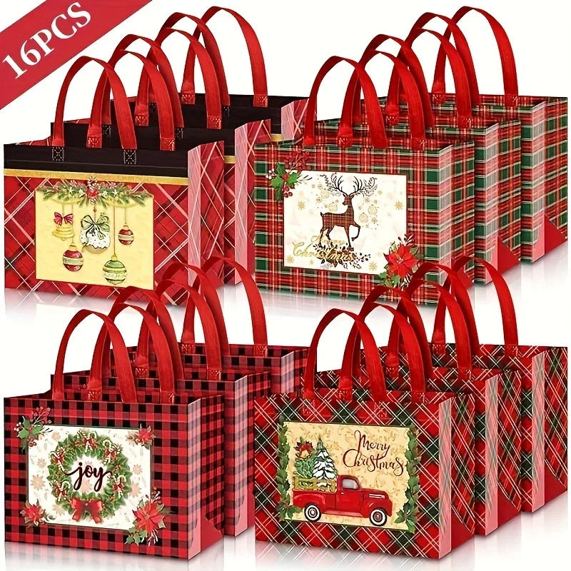 8/16pcs Festive Christmas Gift Bags with Handles - Foldable, Multi-Use Woven Fabric Totes for Gift Packaging, Shopping, and Party Supplies, Red & White Plaid Design, Perfect for Holiday Presents, Gift Bags for Gifts, Gift Pac House Of Avana [[SKU:HOA-STO-412-A]]