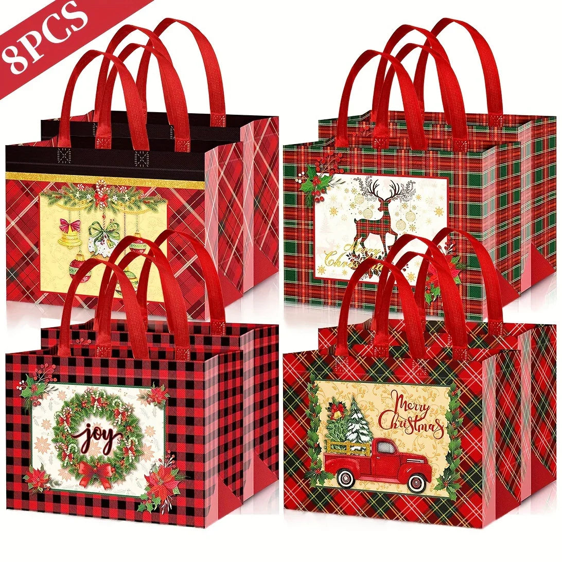 8/16pcs Festive Christmas Gift Bags with Handles - Foldable, Multi-Use Woven Fabric Totes for Gift Packaging, Shopping, and Party Supplies, Red & White Plaid Design, Perfect for Holiday Presents, Gift Bags for Gifts, Gift Pac House Of Avana [[SKU:HOA-STO-412]]