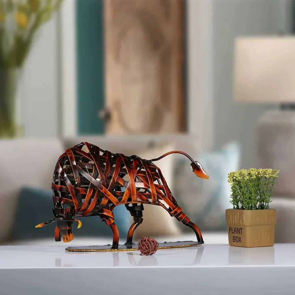 Bronze-colored woven metal bull sculpture featuring intricate wire design as a unique metal animal modern iron art piece