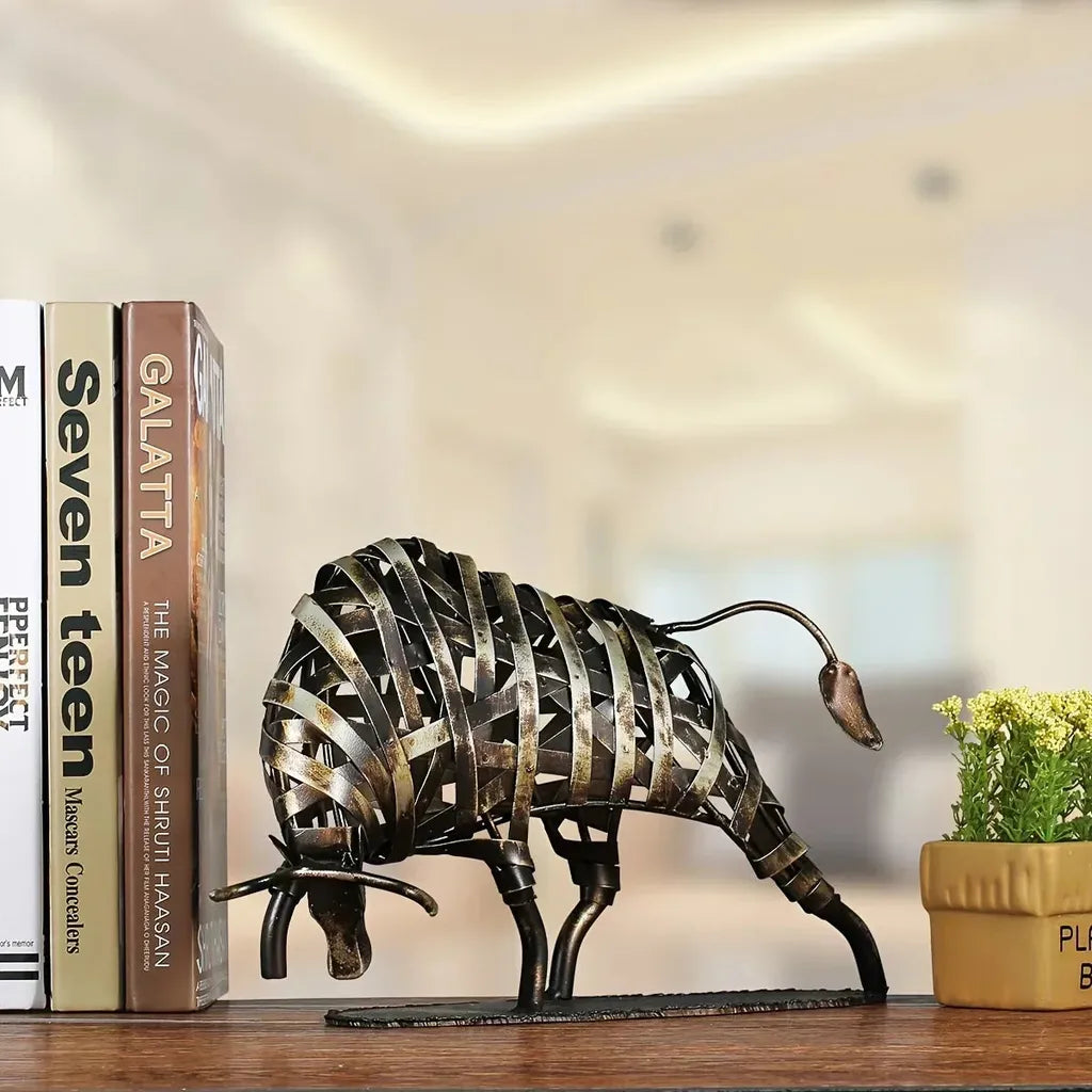 Woven metal bull sculpture featuring a unique metal animal design with woven mesh body and dark iron accents