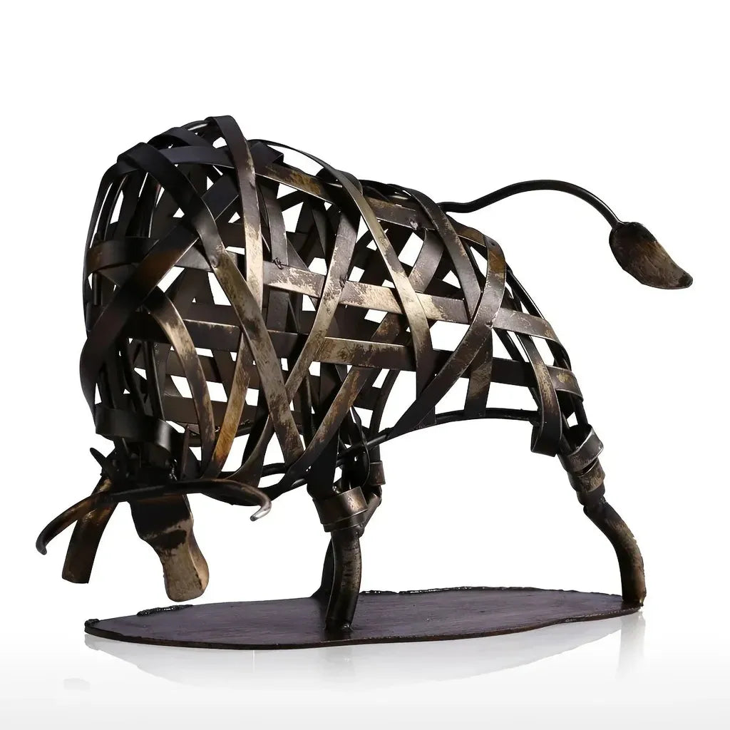 A rustic dark bronze metal animal bull sculpture with a unique woven wireframe design and sturdy legs