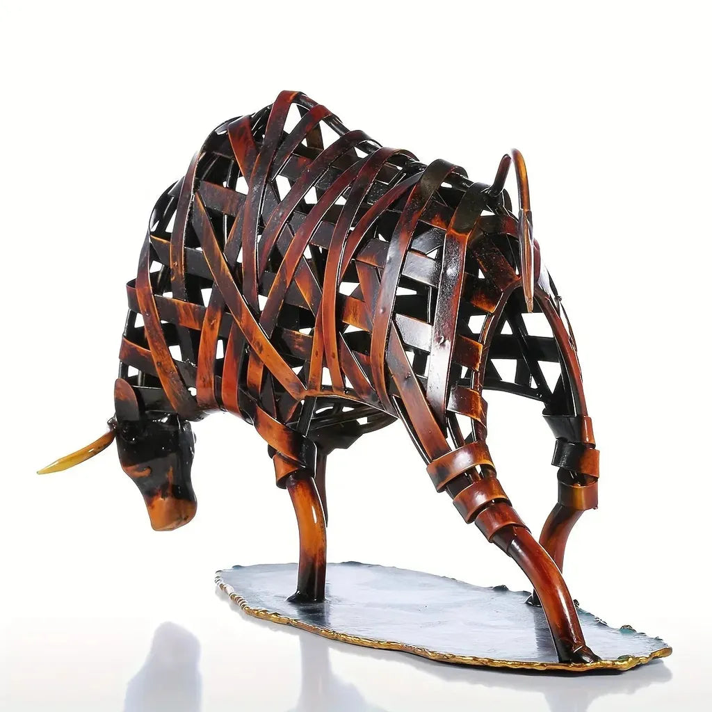 Rustic woven metal bull sculpture in dark brown and black patina featuring unique metal animal design for modern decor