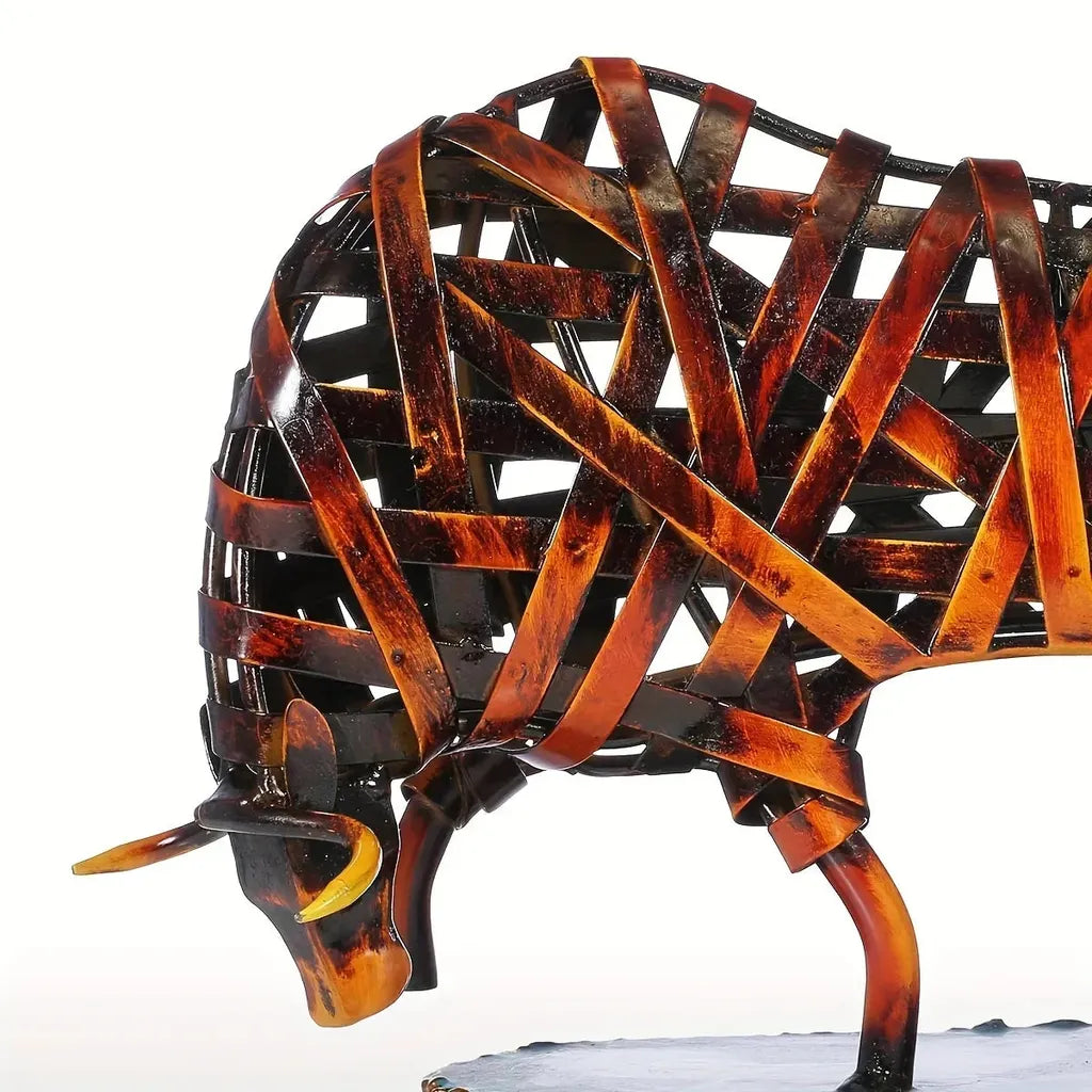 Rustic woven metal bull sculpture with rich amber and dark brown patina a unique metal animal iron art piece