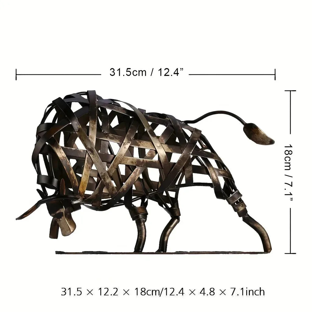 Wrought iron bull sculpture with rustic bronze finish and intricate woven metal lattice unique metal animal art