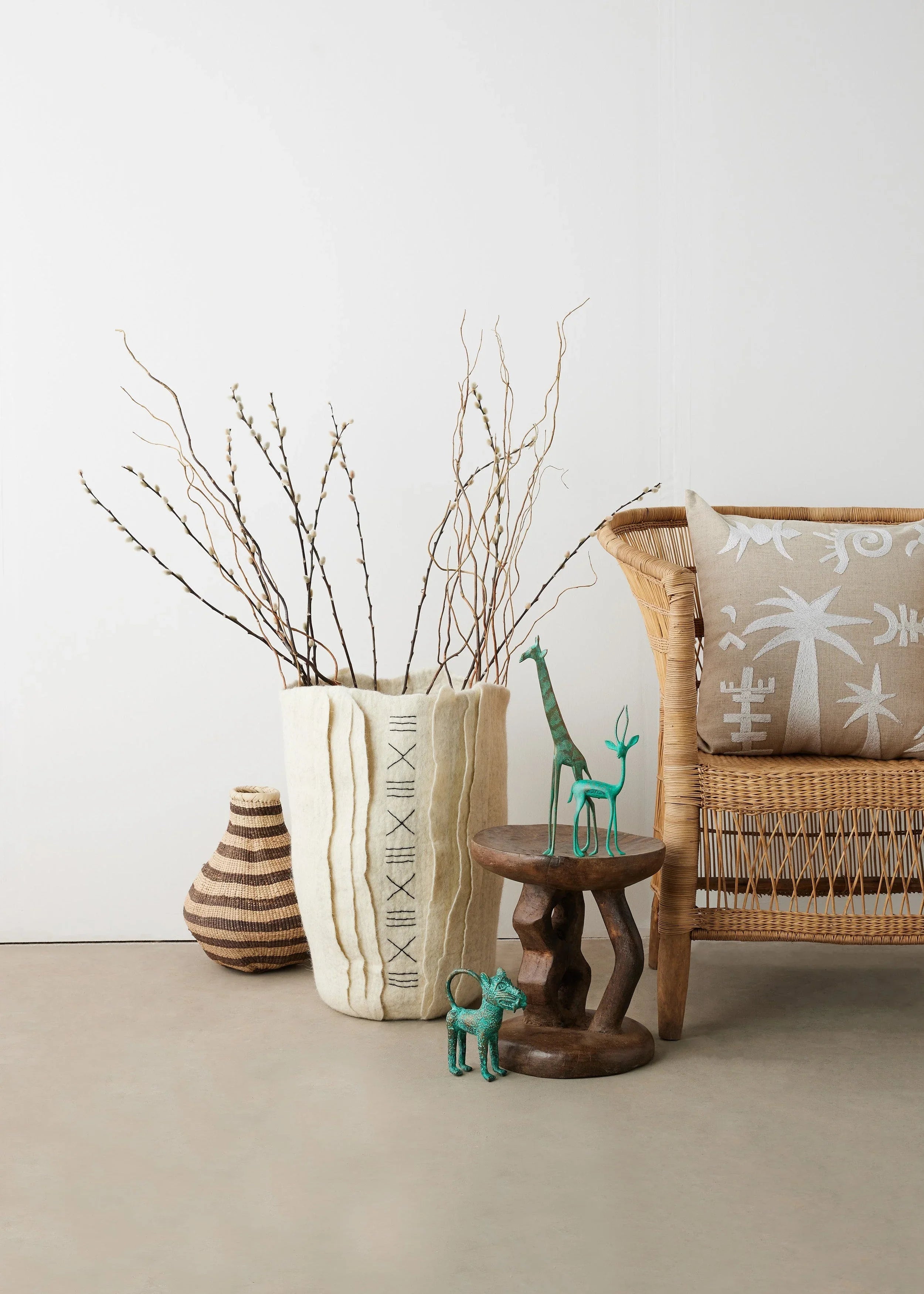 Zulu Hand-felted Ivory Wool Floor Vase, back view - House Of Avana