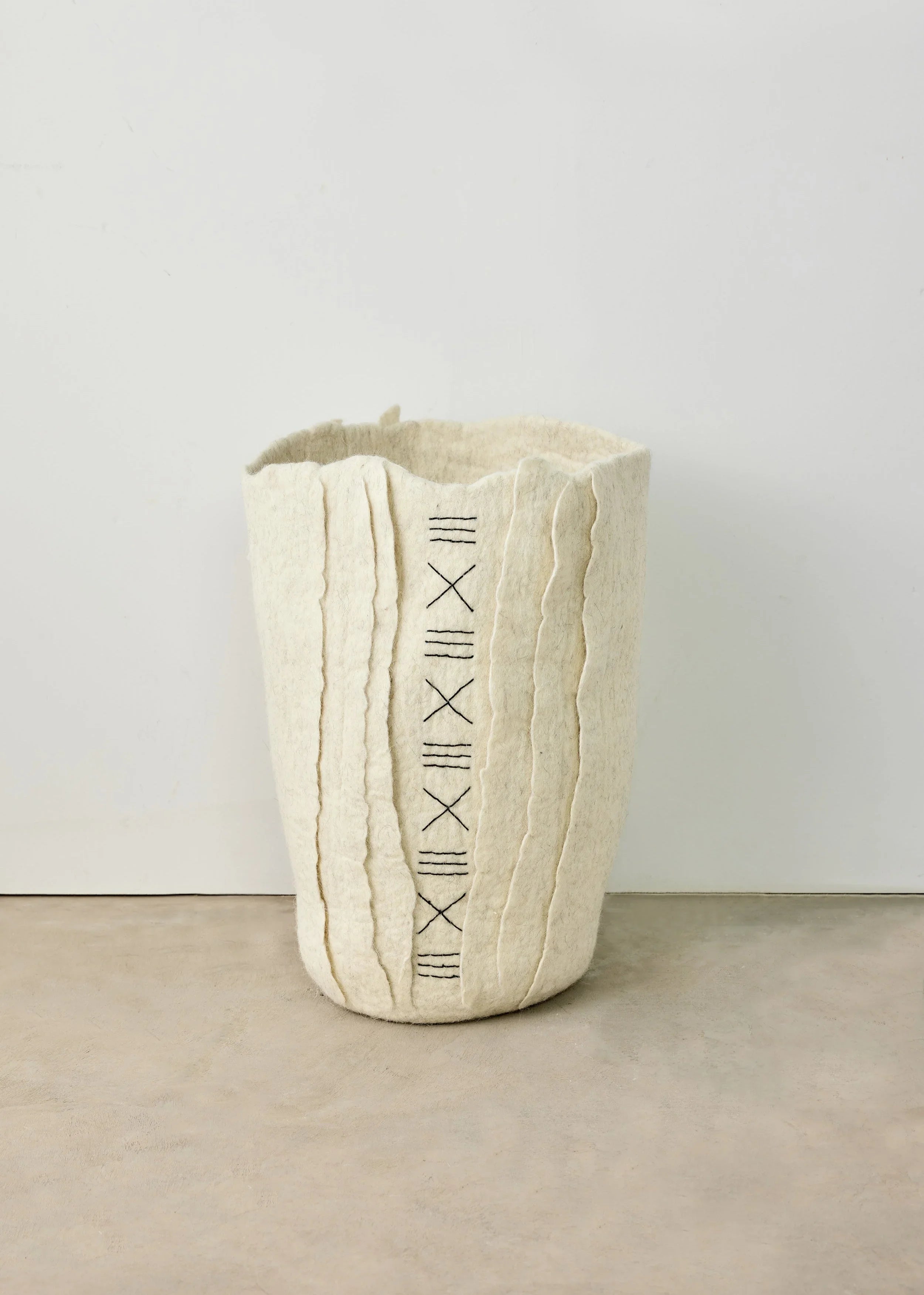 Zulu Hand-felted Ivory Wool Floor Vase, front view - House Of Avana