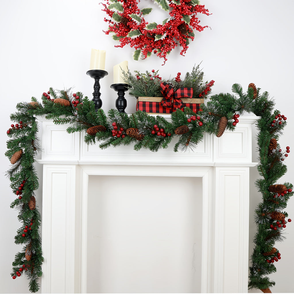 1pc Extra Long 274.32cm Artificial Garland with Heavy-Duty Plastic/Metal Frame - Realistic Pine Cones & Red Berry Clusters - Large Indoor/Outdoor Christmas Garland for Fireplace, Stairs, Doors, Mantle - All-Weather Durable Ga House Of Avana