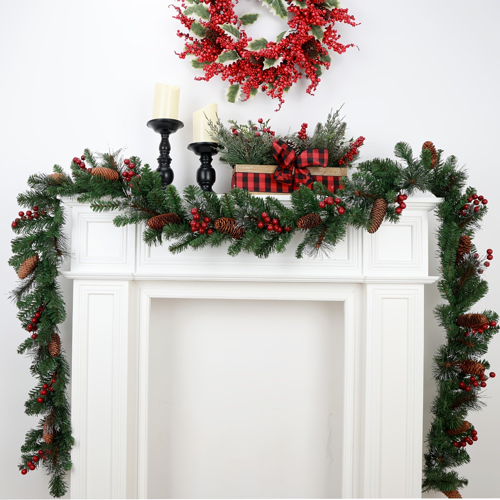 1pc Extra Long 274.32cm Artificial Garland with Heavy-Duty Plastic/Metal Frame - Realistic Pine Cones & Red Berry Clusters - Large Indoor/Outdoor Christmas Garland for Fireplace, Stairs, Doors, Mantle - All-Weather Durable Ga House Of Avana