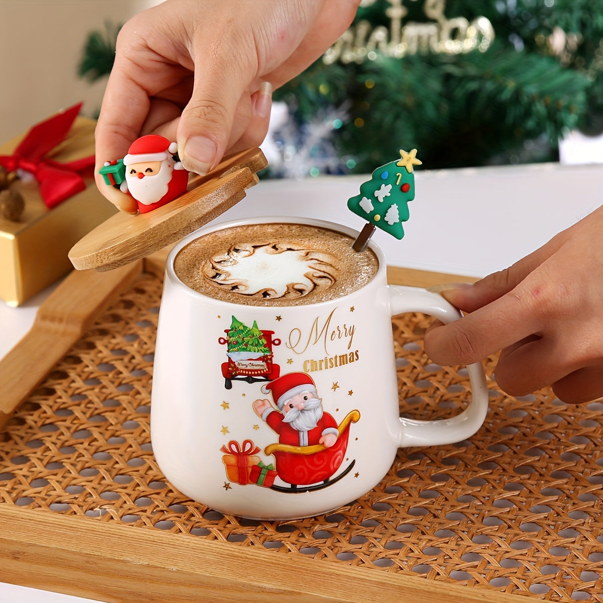 Creative Santa Claus Ceramic Mug with Lid Spoon Christmas Gift House Of Avana