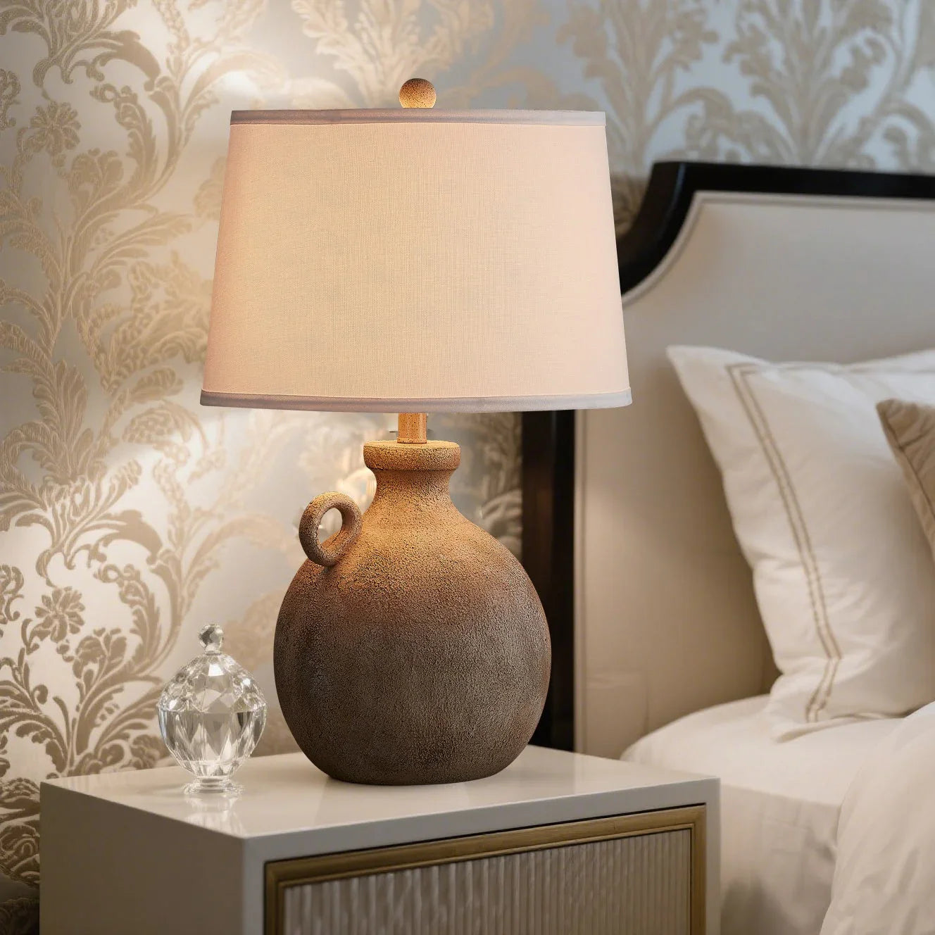 24" Farmhouse Table Lamp For Bedroom With USB Charging Port, 3-Way Dimmable Rustic Single Lamp, Resin Bedside Lamp With White Shade For Study, Living Room House Of Avana