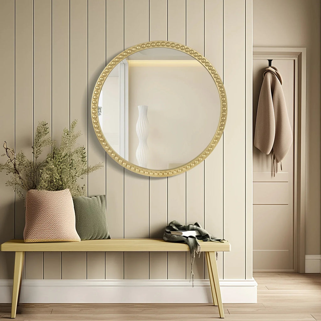 Beaded Round Mirror, 30 inch Large Round Mirror with Gold Beaded Wall Decorative Mirrors for Bathroom Entryway Living Room Bedroom - House Of Avana
