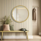 Beaded Round Mirror, 30 inch Large Round Mirror with Gold Beaded Wall Decorative Mirrors for Bathroom Entryway Living Room Bedroom - House Of Avana