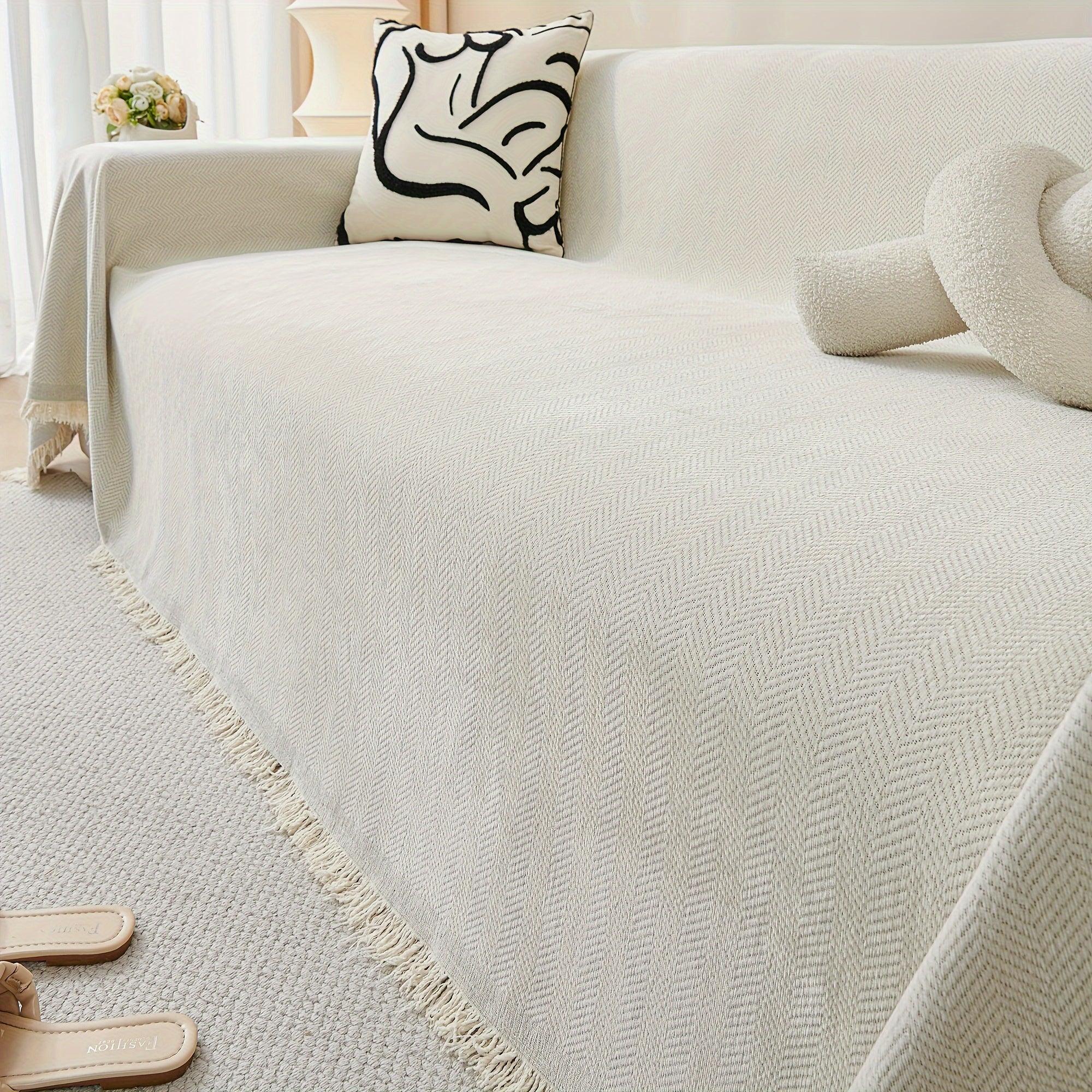 Update Sofa with Organic Couch Cover| Herringbone Chenille Tassels topspet