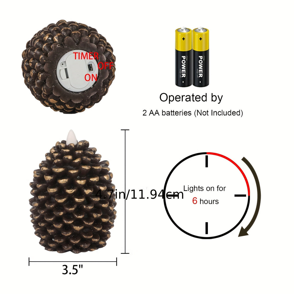 2 Pack Realistic Flickering Pine Cone LED Candles Battery Operated with 6-Hour Timer, Unscented Flameless Wax Candles with Glitter Accents, Oval Shape & Flat Wick for Christmas Holiday Home Decor (Living Room, Tabletop), Fest House Of Avana
