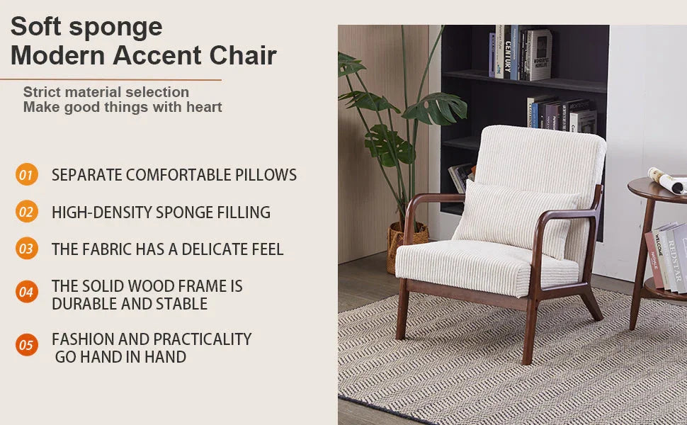 Mid-Century Modern Accent Chair, Arm Chair Living Room Chairs with Pillow Upholstered Reading Chair with Solid Wood Frame & Living Room Bedroom Balcony (beige) Streamdale Furniture