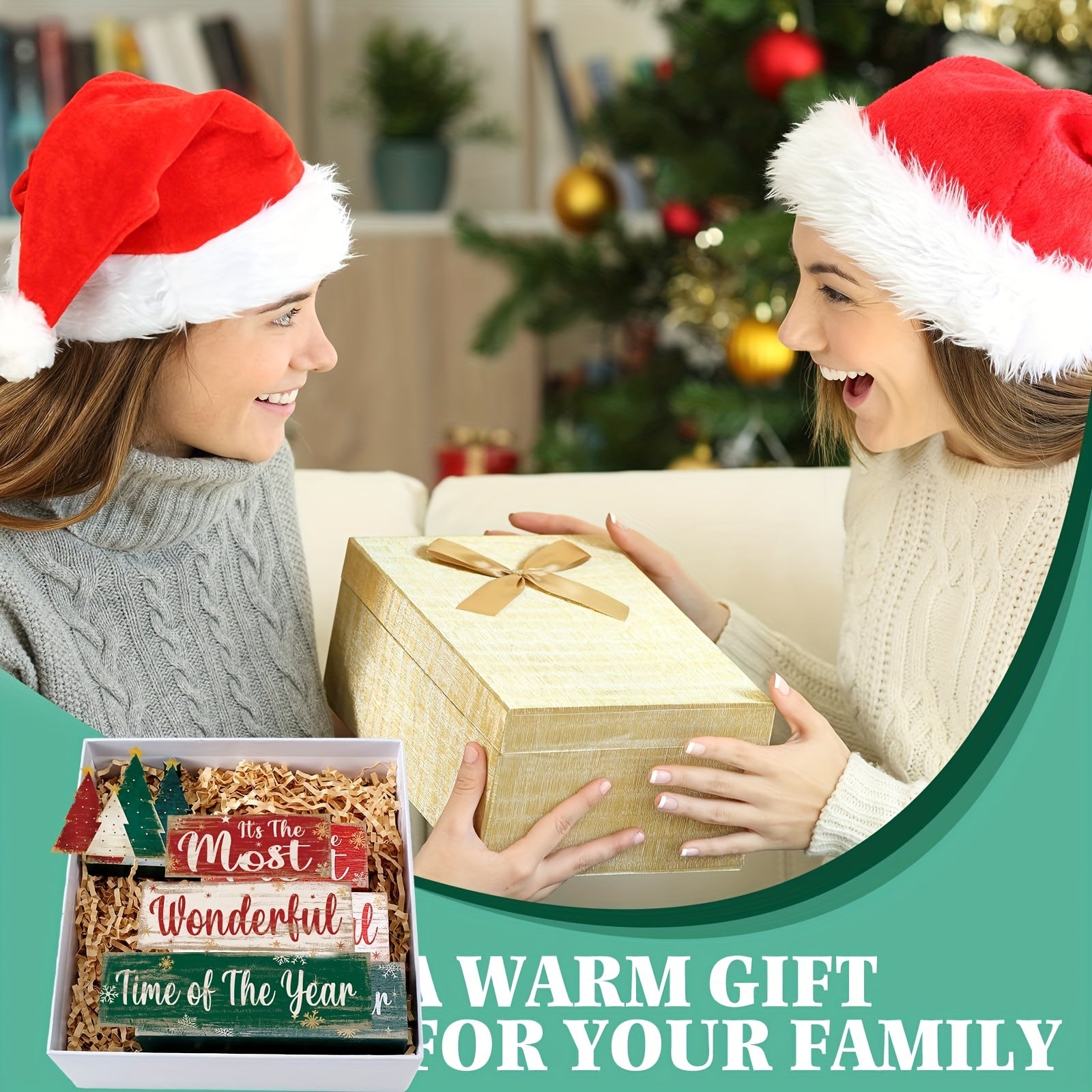 4pcs Christmas Table Centerpiece Christmas Tree, "Happy New Year" In English, Christmas Tiered Tray Decoration Set, Wooden Signs, Rustic Cute Tabletop Decor, Holiday Home Accessories, Suitable For Dining Tables, Fireplaces, C House Of Avana