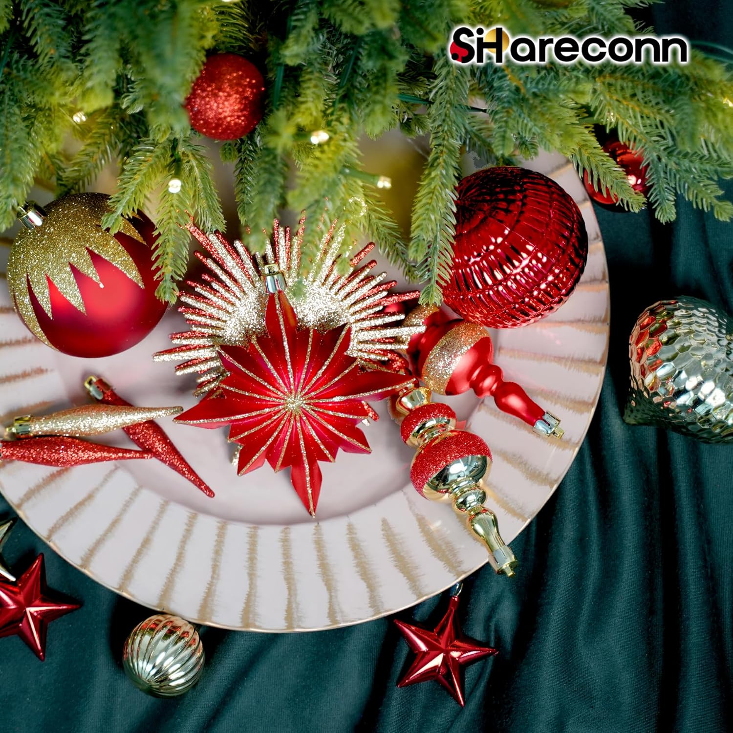 80pcs Christmas Ornaments Set, Shatterproof Heavy-Duty Plastic Decorations with Hanging Strings, for Xmas Tree Wreaths Weddings Parties, Large Red & Golden Spherical Shapes Golden Star, Indoor/Outdoor & Pets House Of Avana