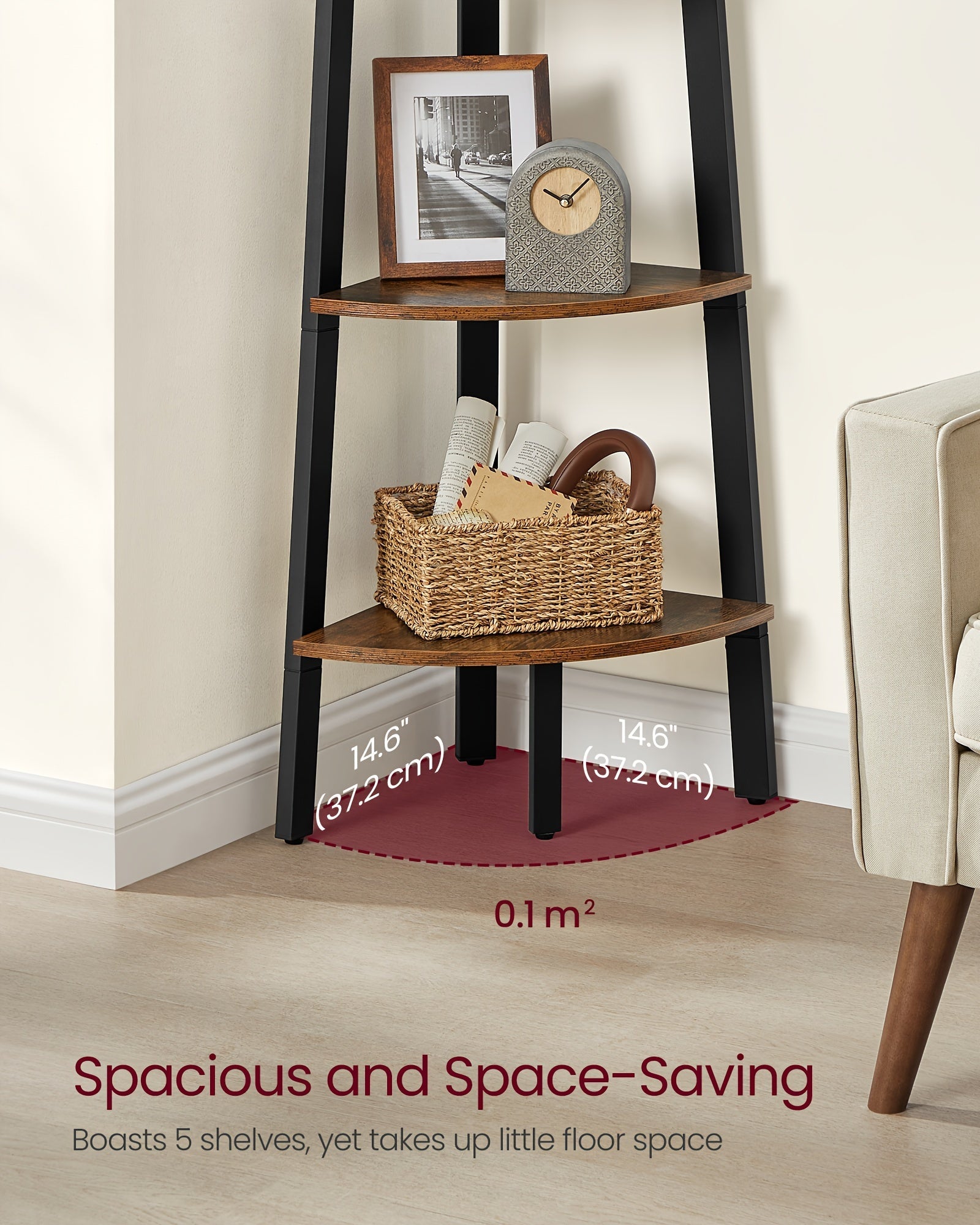 5-Tier Corner Shelf Stand - Rustic Wood & Black Metal Frame, Narrow Freestanding Design for Living Room, Bedroom, or Study - Maximize Space with Stylish Display Shelves, Preppy Room Decor House Of Avana
