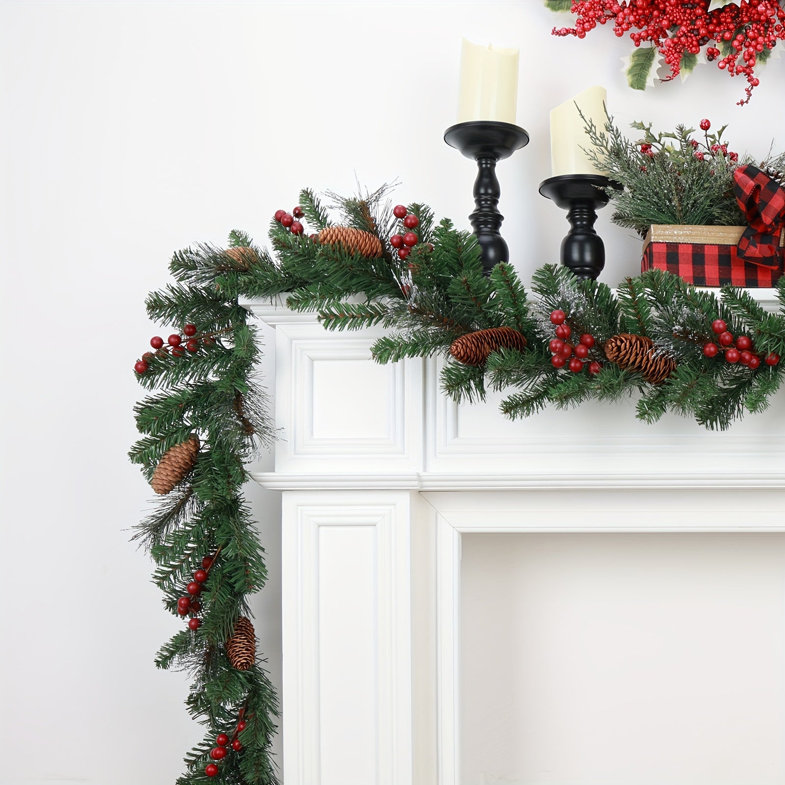 1pc Extra Long 274.32cm Artificial Garland with Heavy-Duty Plastic/Metal Frame - Realistic Pine Cones & Red Berry Clusters - Large Indoor/Outdoor Christmas Garland for Fireplace, Stairs, Doors, Mantle - All-Weather Durable Ga House Of Avana