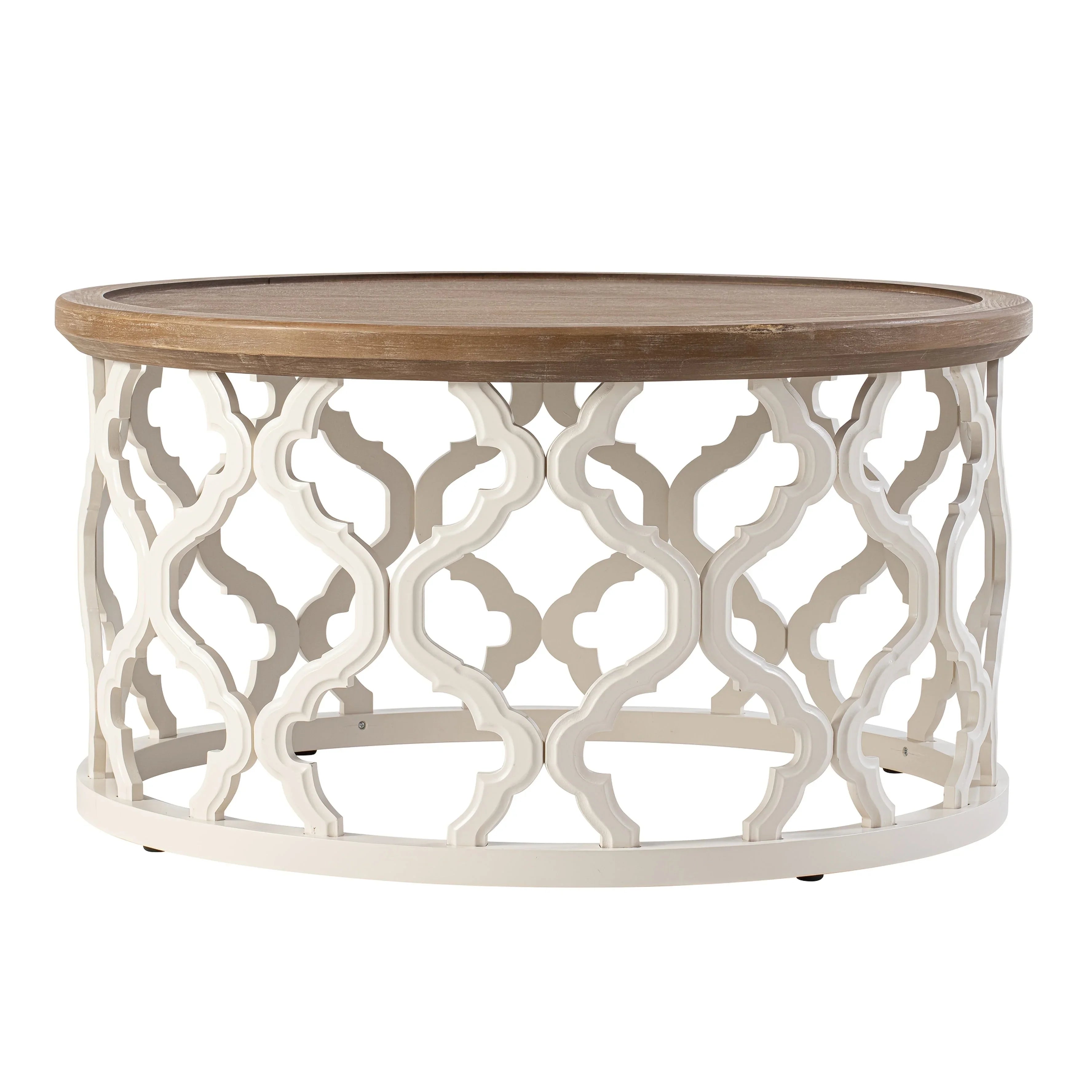 Farmhouse Rustic Round White End Table, Coffee Table, Distressed Tray Top Side Table With Curved Motif Frame Base House Of Avana