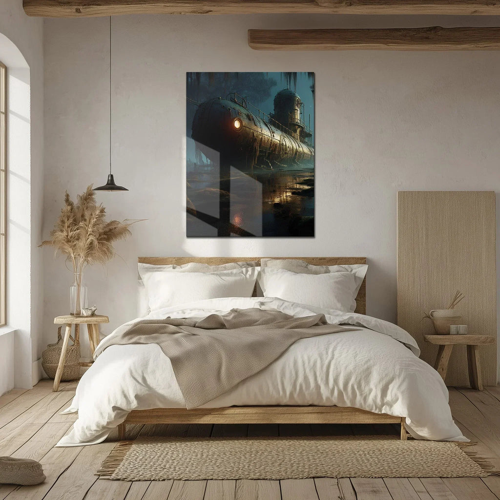 Abandoned Submarine in Swamp Glass Wall Art – Moody Nautical Uv Print Design-kafcd030, detail shot - House Of Avana