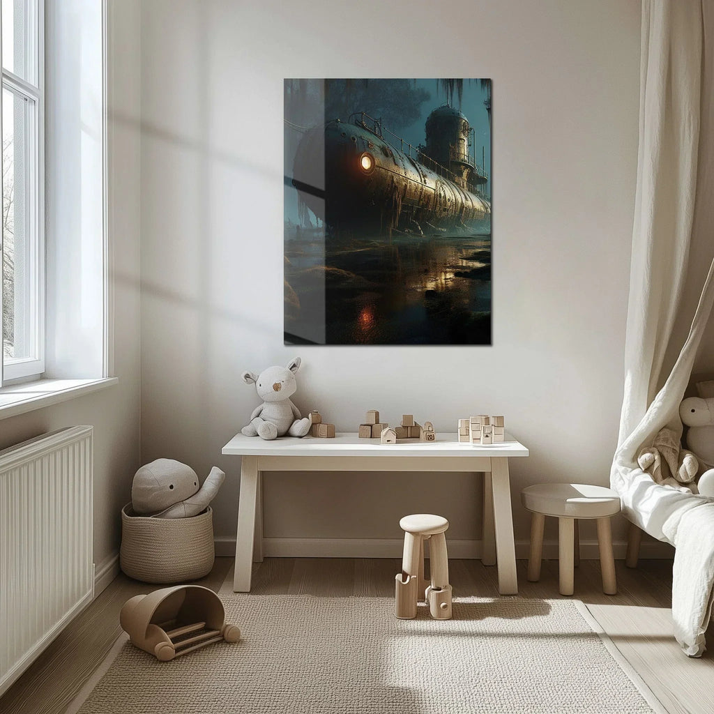 Abandoned Submarine in Swamp Glass Wall Art – Moody Nautical Uv Print Design-kafcd030, lifestyle image - House Of Avana