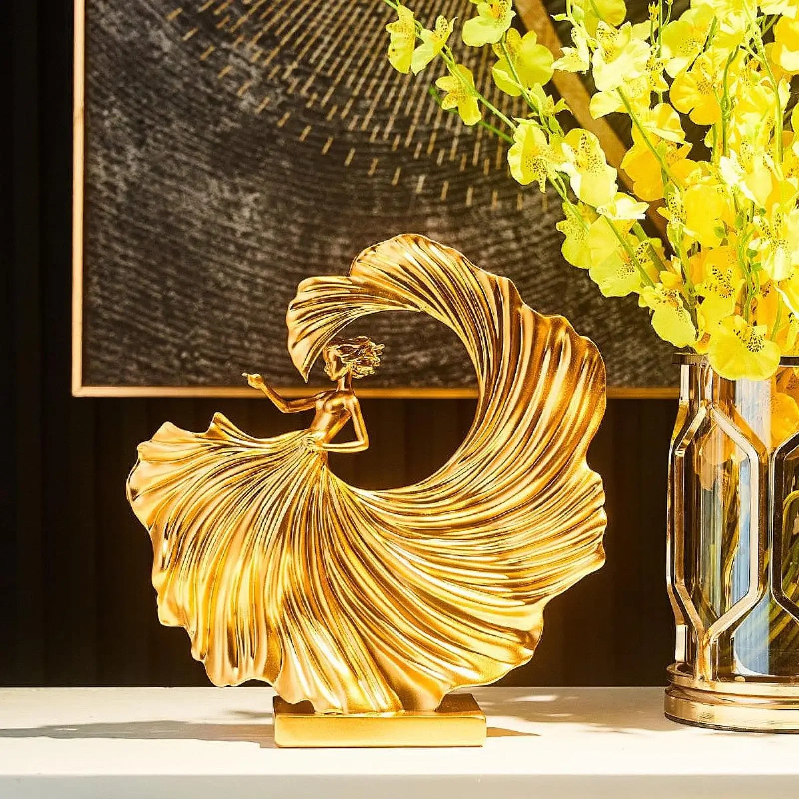 Metallic bronze ballet dancer statue, abstract modern pose, sculpted figurine - House of Avana