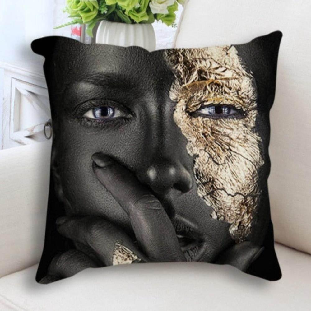 Abstract Black Gold Woman Face Print Cushion Cover - House Of Avana