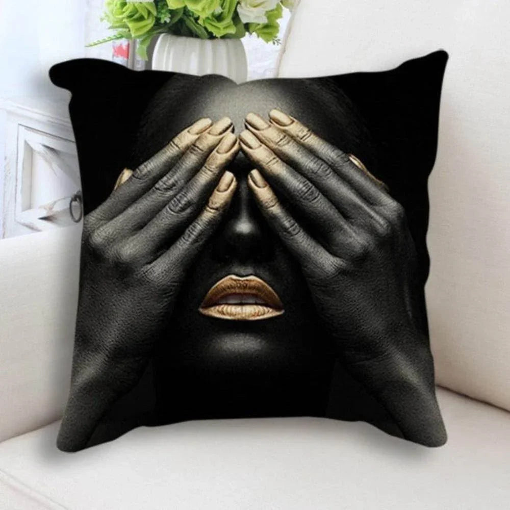 Abstract Black Gold Woman Face Print Cushion Cover - House Of Avana