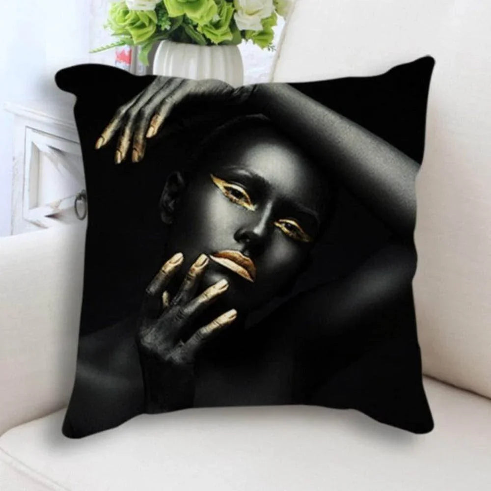Abstract Black Gold Woman Face Print Cushion Cover - House Of Avana