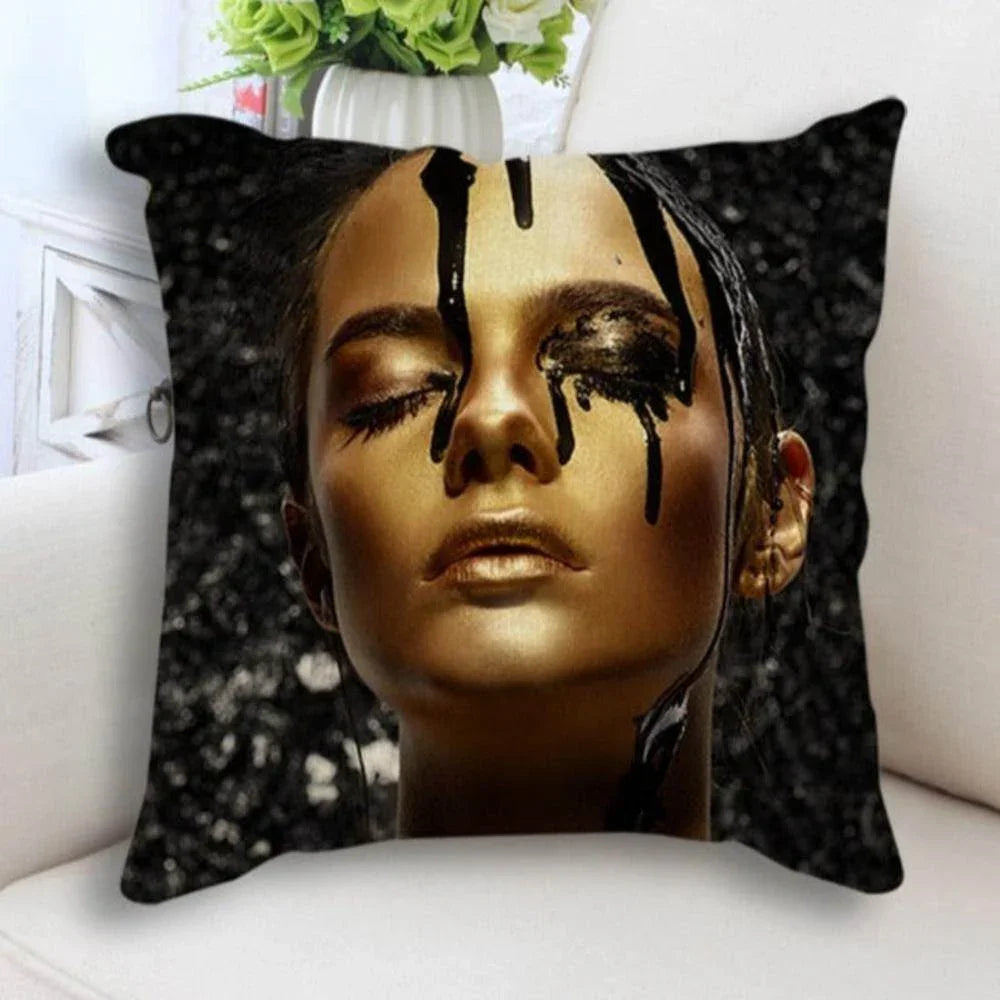 Abstract Black Gold Woman Face Print Cushion Cover - House Of Avana