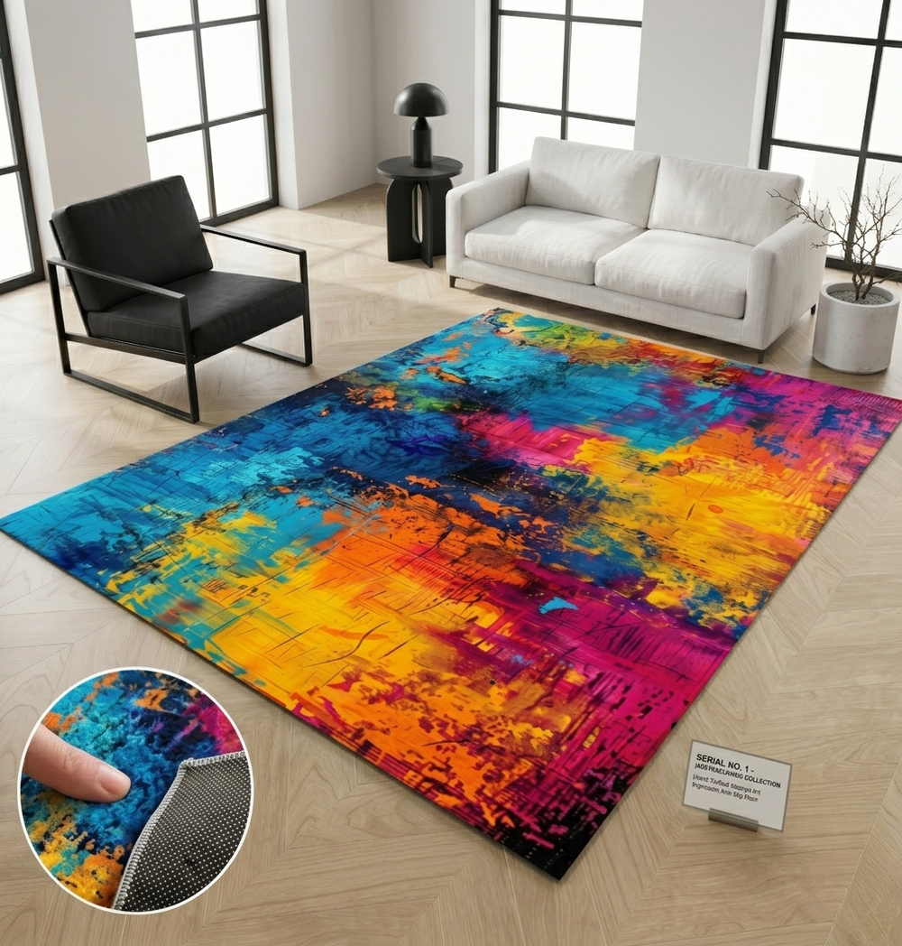 Abstract multicolor living room rug with vibrant blue orange and pink tones styled in modern living room - House of Avana