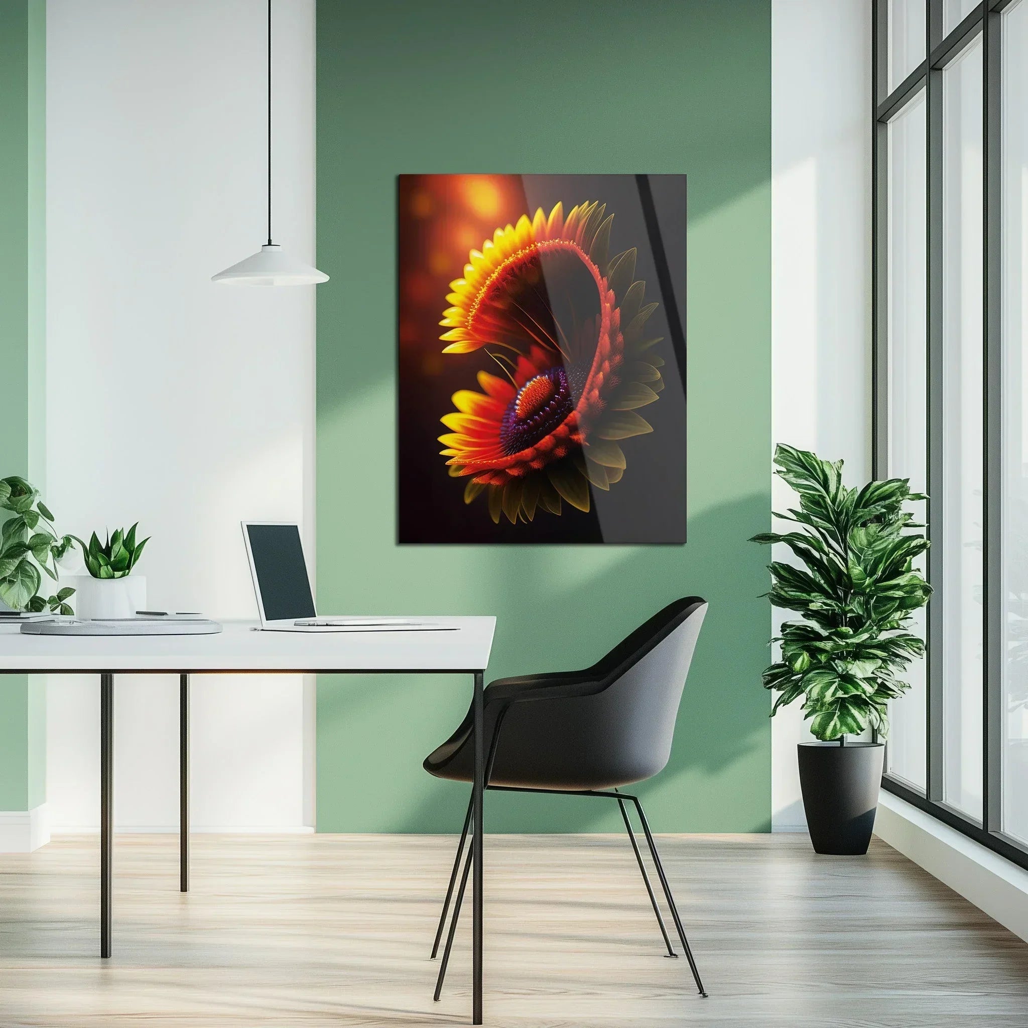 Abstract Fire Petal Bloom Glass Wall Art – Glowing Floral Uv Print Design-kafcd050, front view - House Of Avana