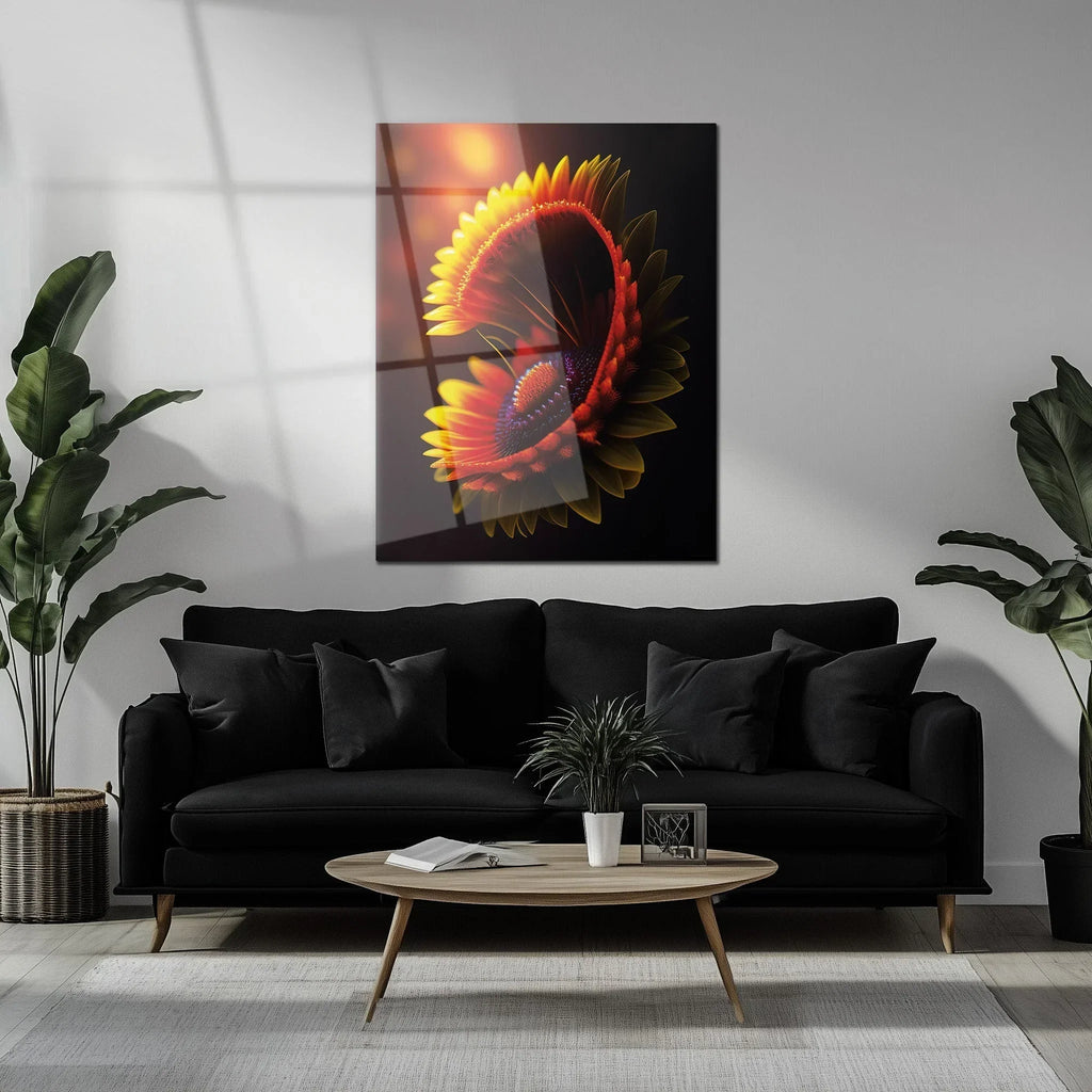 Abstract Fire Petal Bloom Glass Wall Art – Glowing Floral Uv Print Design-kafcd050, lifestyle image - House Of Avana