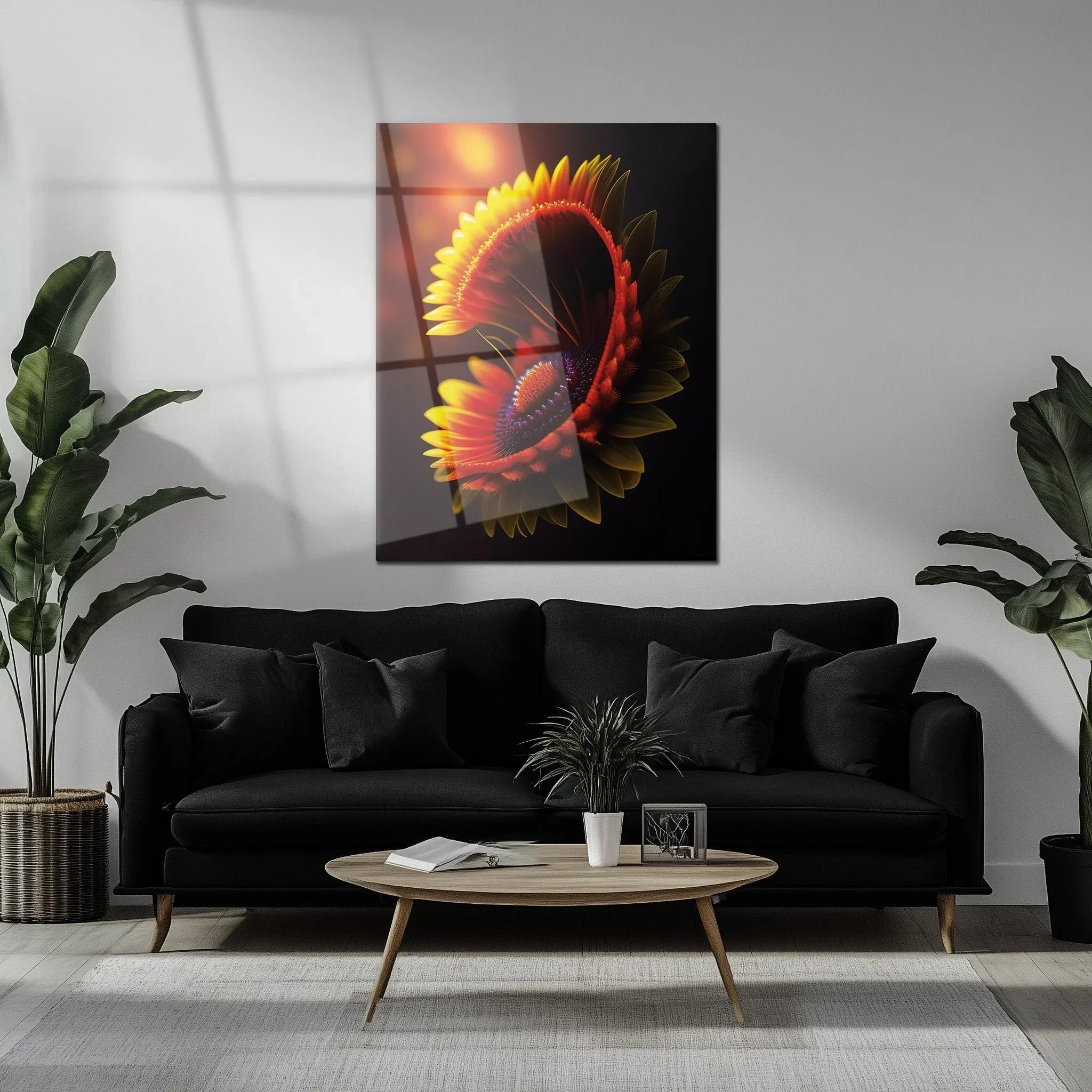Abstract Fire Petal Bloom Glass Wall Art – Glowing Floral Uv Print Design-kafcd050, lifestyle image - House Of Avana