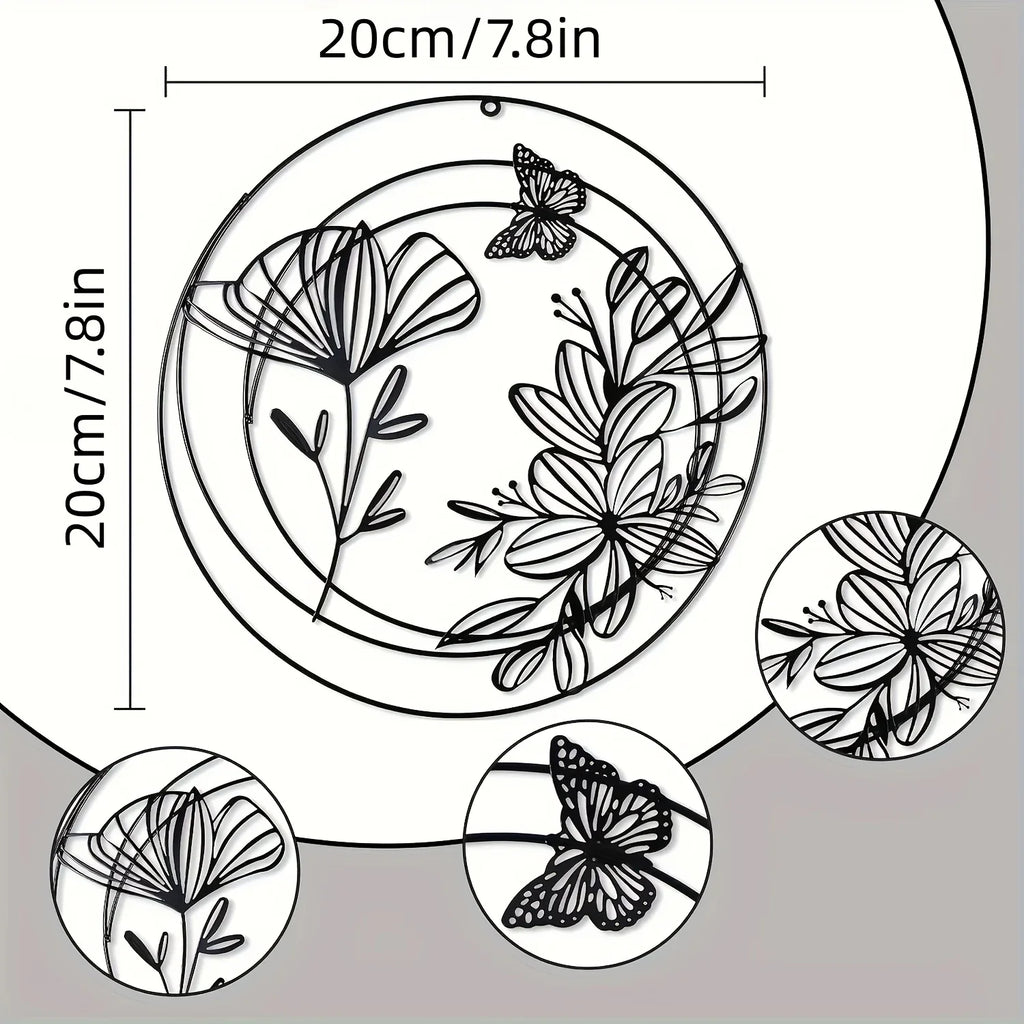 Black metal abstract flower decorations, round hanging design - House of Avana